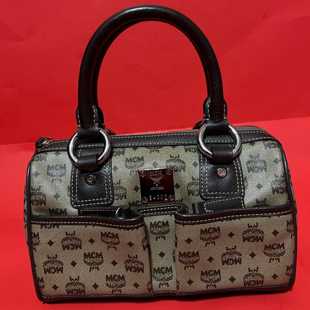 MCM Monogrammed Tan and Brown Satchel